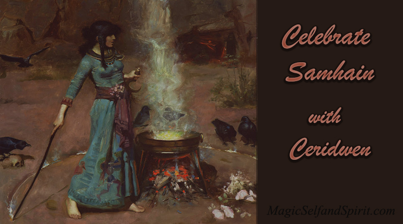 The crone goddess Ceridwen celebrating samhain around a caldron. 