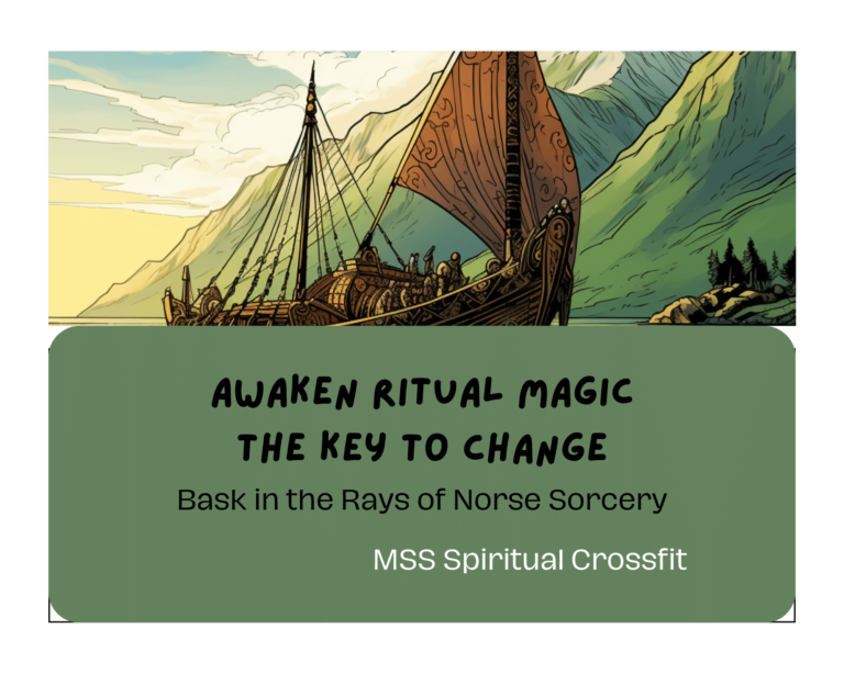 A comic book art style image of a viking ship in a bay with the words : Awaken Ritual Magic The Key To Change - Bask in the Rays of Norse Sorcery