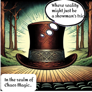Spotlighted magician's top hat on a stage in an old norse forest