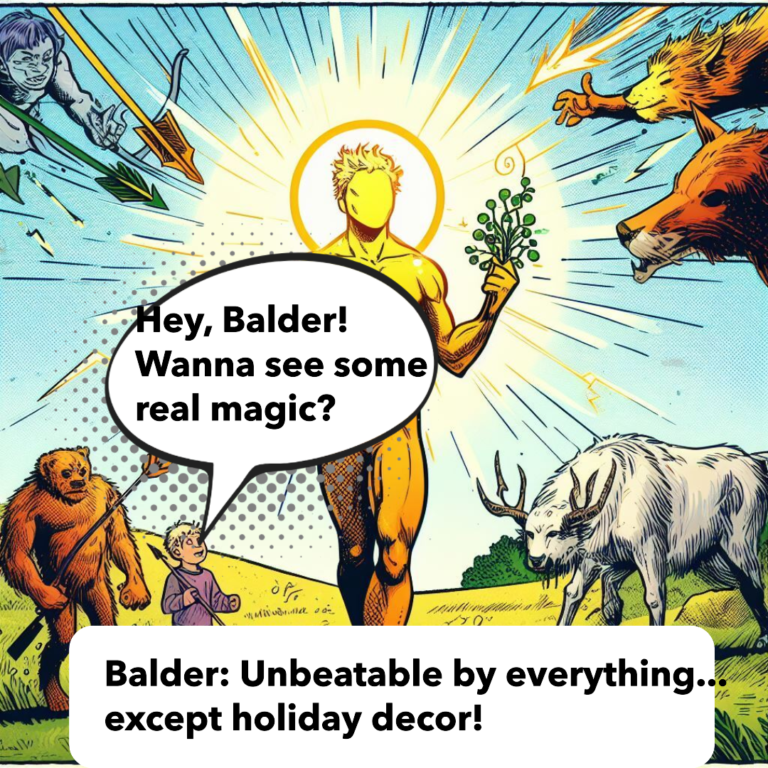 Comic of Balder standing confidently in a meadow while arrows, lightning, and wild beasts avoid touching him. Behind him, a mischievous child has already give him a sprig of mistletoe