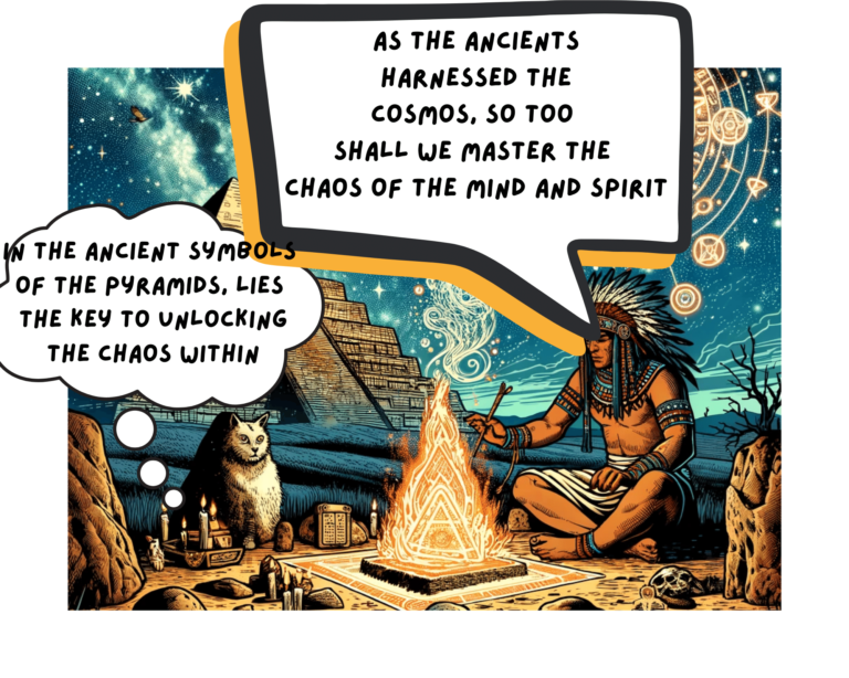 Dynamic comic book-style illustration showing a shaman in front of a glowing Egyptian pyramid under a starry sky, integrating elements of shamanism, ancient Egyptian magic, and chaos magic.