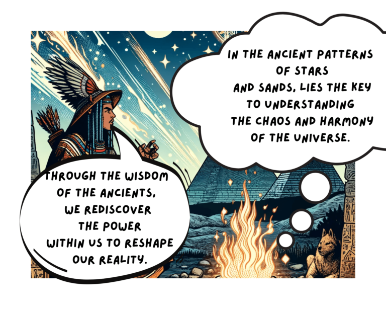 Comic book-style illustration of a shaman performing a ritual in front of Egyptian pyramids, with ancient symbols and a starry sky, reflecting themes of shamanism, Egyptian magic, and chaos magic