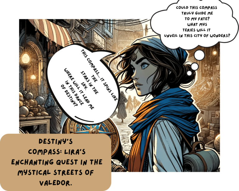 mage of Lira holding a mystical compass in the bustling market streets of Valedor, with vendors and magical items in the background, symbolizing a journey of fate and discovery.