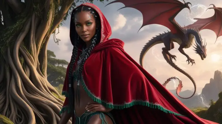 A regal elven woman with a radiant Black Afro-Caribbean complexion and intricate braids adorned with silver accents. She wears a flowing red hooded cloak with green trimmings, standing confidently amidst a lush fantasy landscape with towering trees and a dragon soaring in the distance.