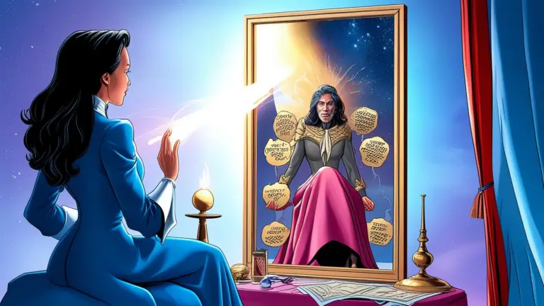 A comic book-style illustration of a magician sitting before a mirror, envisioning her current self as a shadowy figure surrounded by fears, doubts, and outdated beliefs. The scene symbolizes transformation and self-renewal.